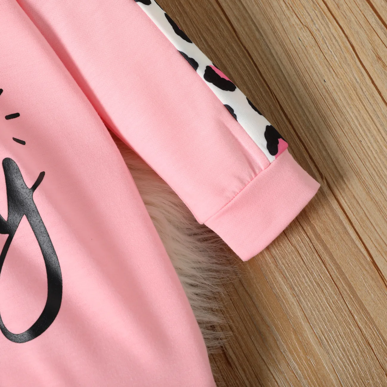 Toddler Girl Letter Leopard Print Black Long-sleeve Hooded Sweatshirt Dress Pink big image 1