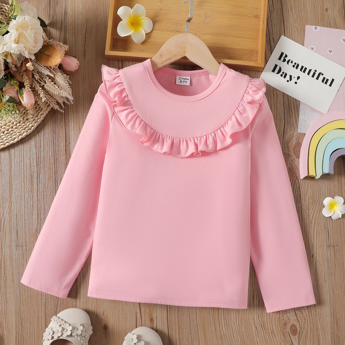 

Kid Girl Solid Color Ruffled Long-sleeve Tee
