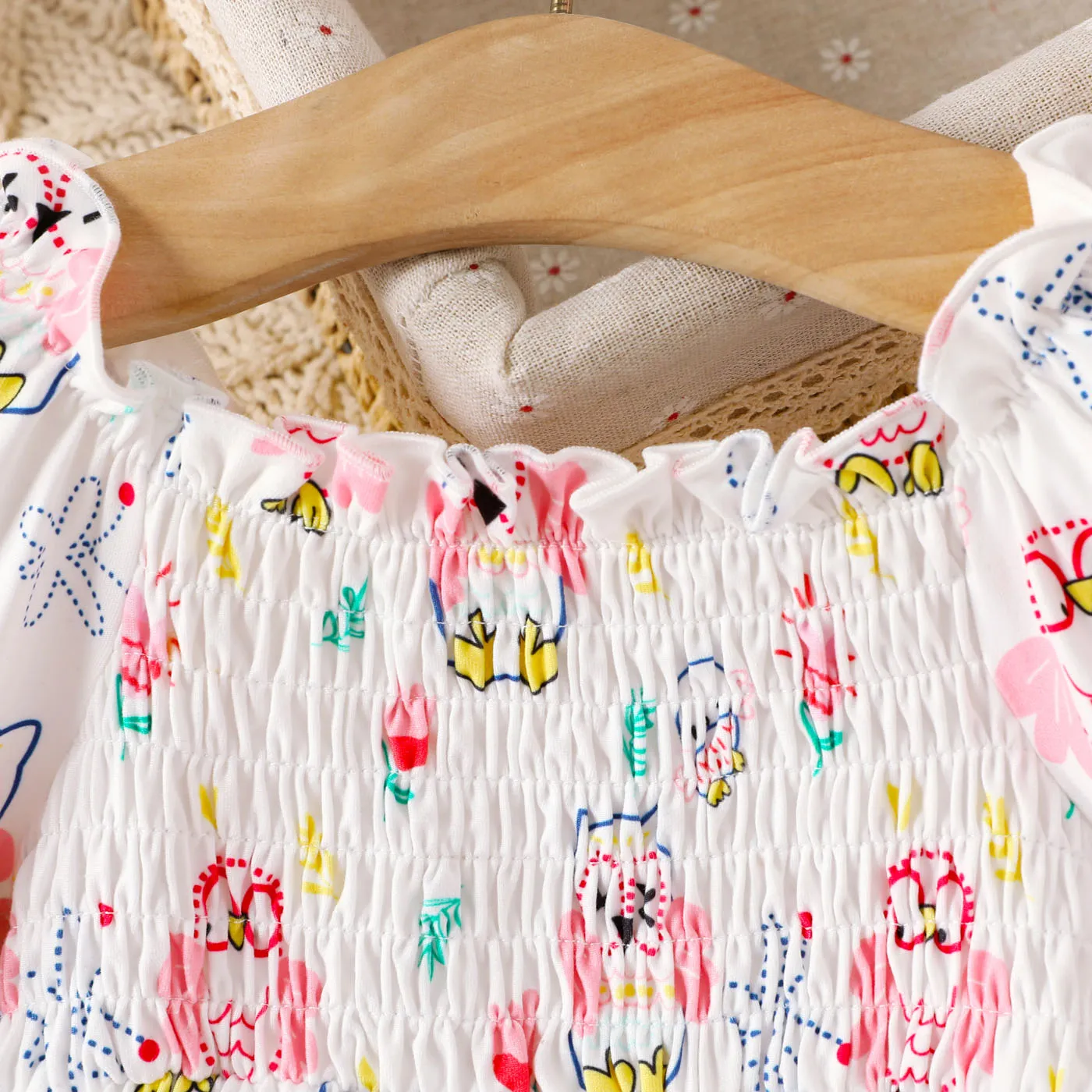 2pcs Baby Girl Allover Owl Print Off Shoulder Long-sleeve Shirred Top and Bow Front Leggings Set ColorBlock image 3
