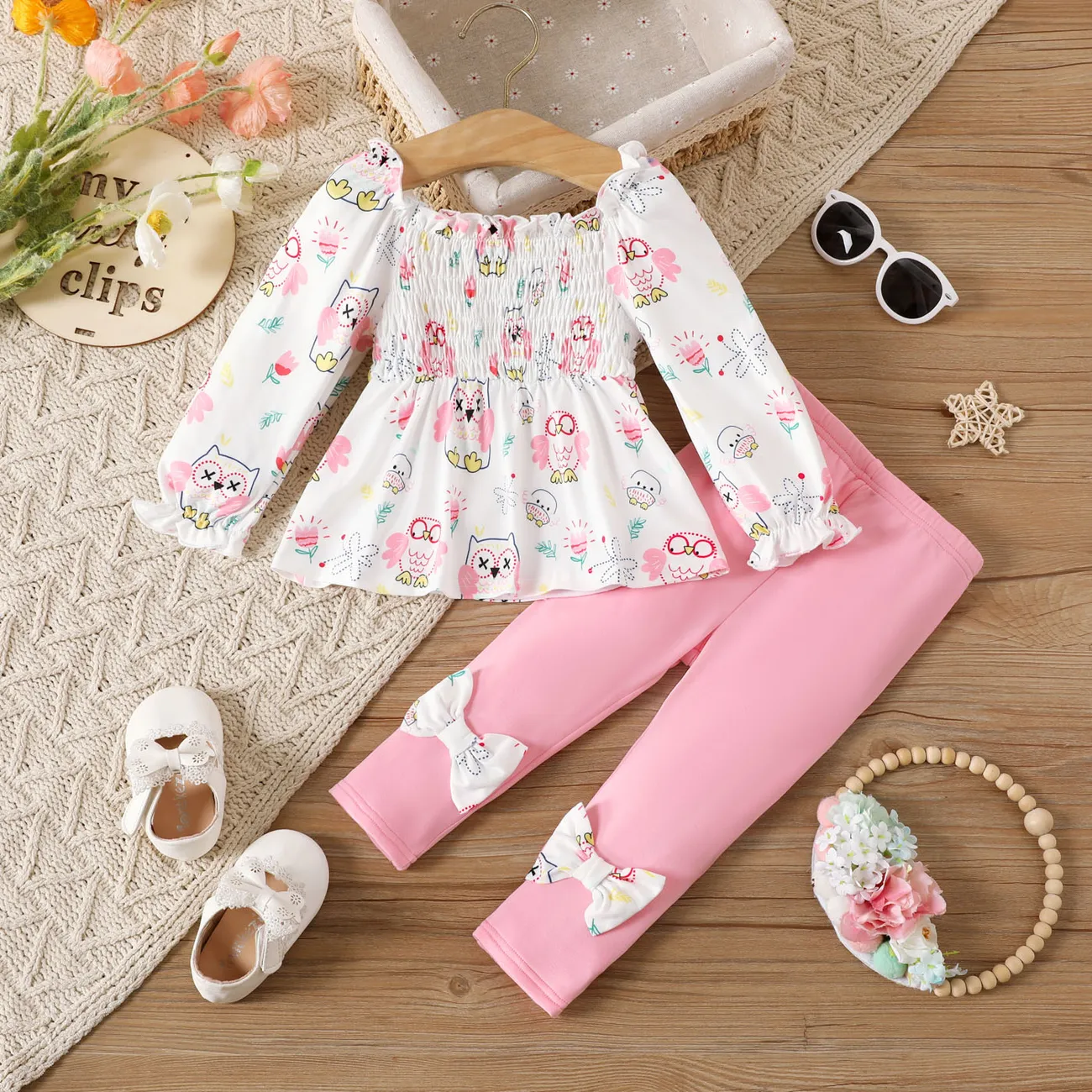 2pcs Baby Girl Allover Owl Print Off Shoulder Long-sleeve Shirred Top and Bow Front Leggings Set ColorBlock big image 1