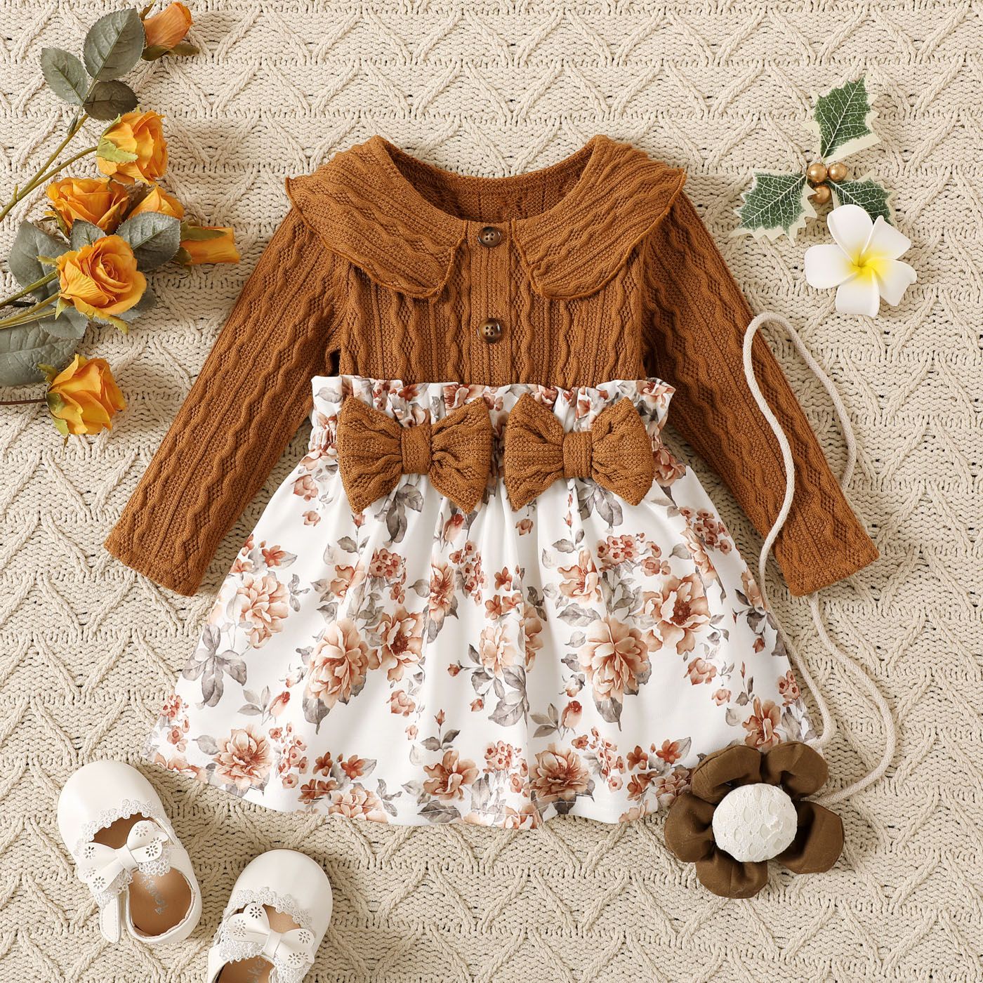 

Baby Girl Allover Floral Print Spliced Solid Knitted Bow Front Long-sleeve Button Dress