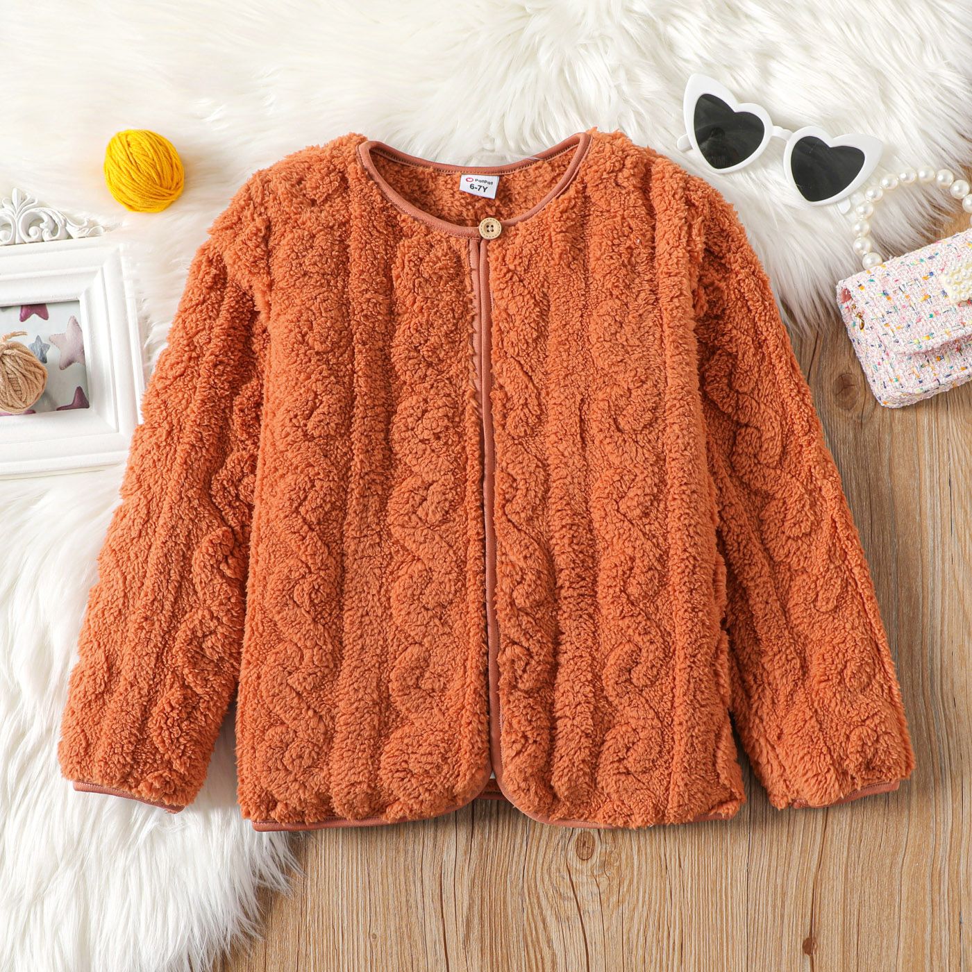

Kid Girl Solid Color Button Design Fleece Coat