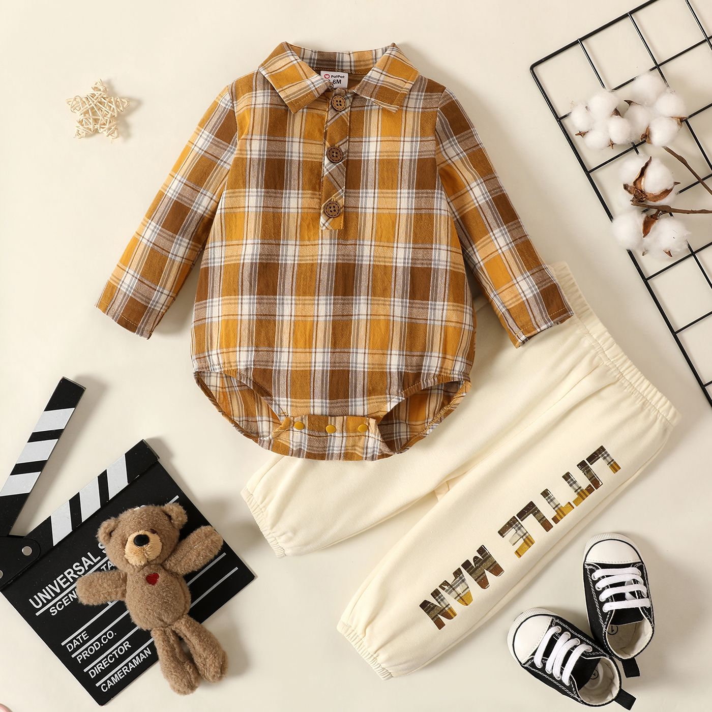 

2pcs Baby Boy 100% Cotton Long-sleeve Plaid Romper and Letter Print Pants Set