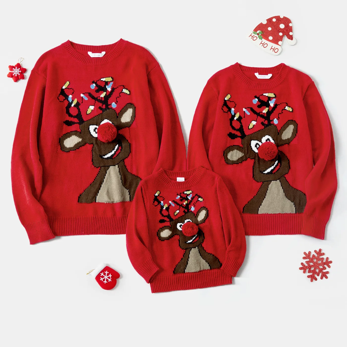 

Christmas Family Matching Reindeer Graphic 3D Nose Detail Red Knitted Sweater