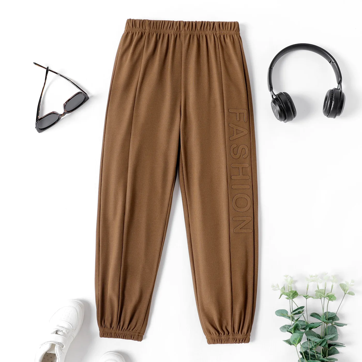 Kid Boy Casual Solid Color Waffle Letter Textured Elasticized Pants Coffee big image 1