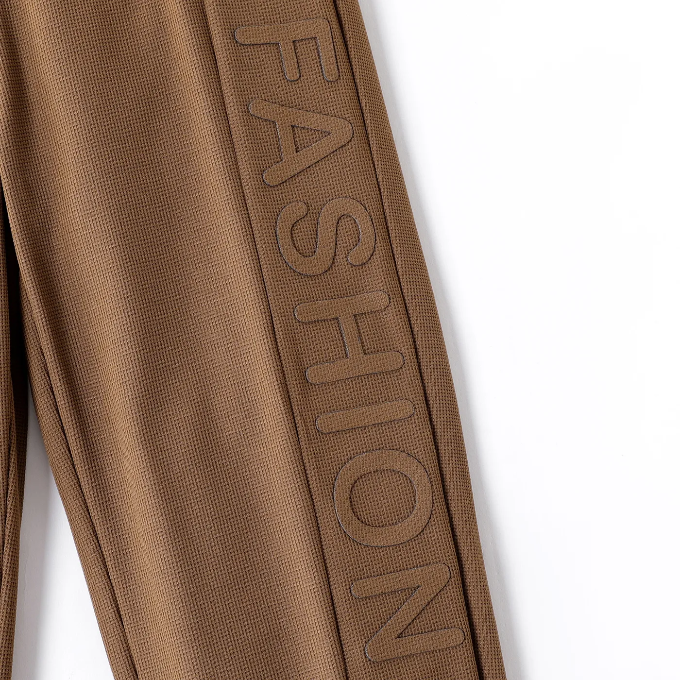 Kid Boy Casual Solid Color Waffle Letter Textured Elasticized Pants Coffee image 6