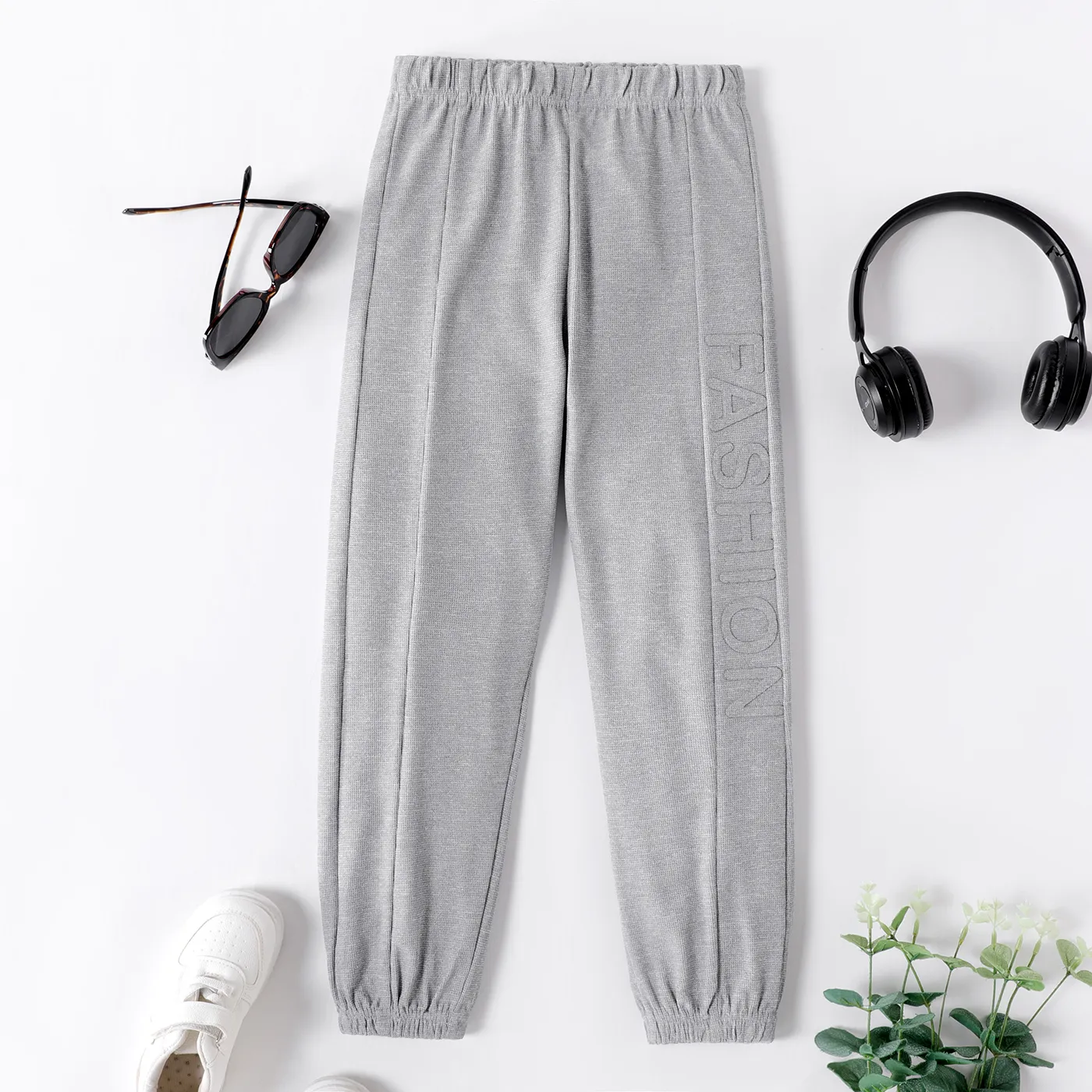 Kid Boy Casual Solid Color Waffle Letter Textured Elasticized Pants