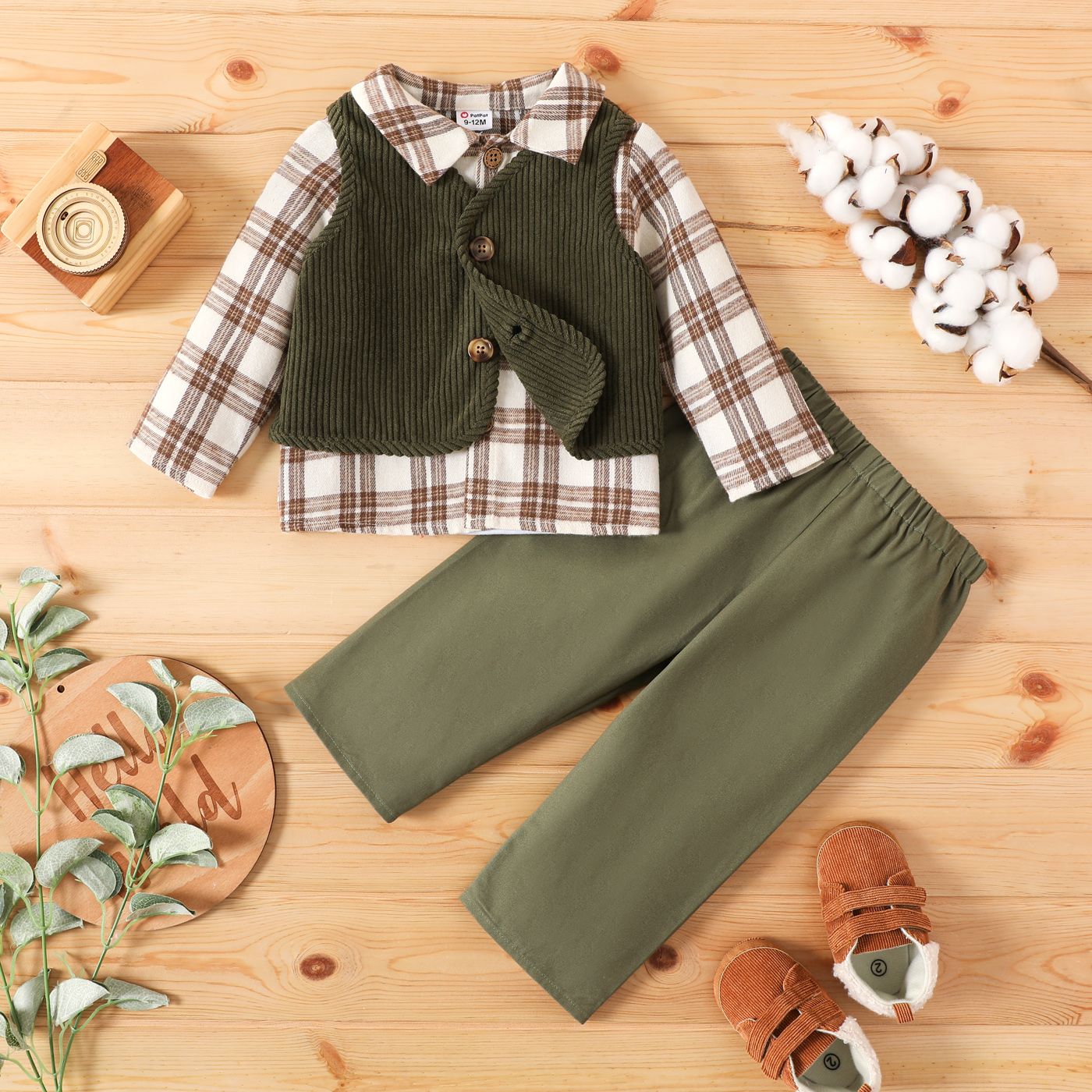 

3pcs Baby Boy 100% Cotton Pants and Long-sleeve Plaid Shirt with Corduroy Vest Set
