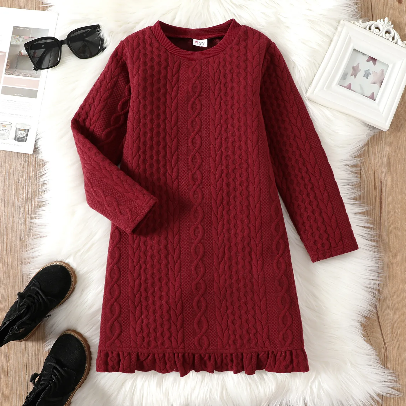 Kid Girl Textured Long-sleeve Sweatshirt Maroon Dress