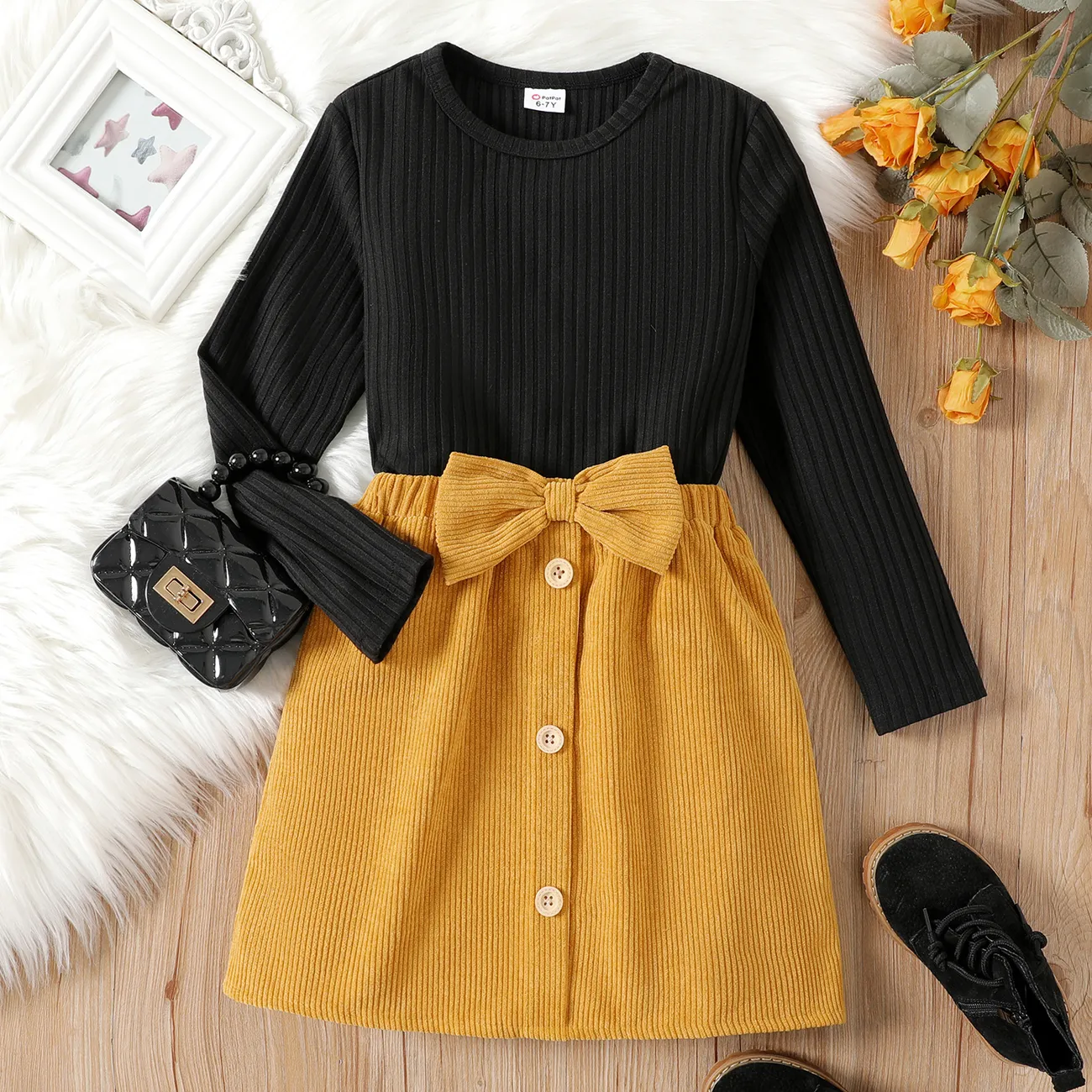 2pcs Kid Girl Ribbed Long-sleeve Black Tee and Bowknot Button Design Skirt Set ColorBlock big image 1