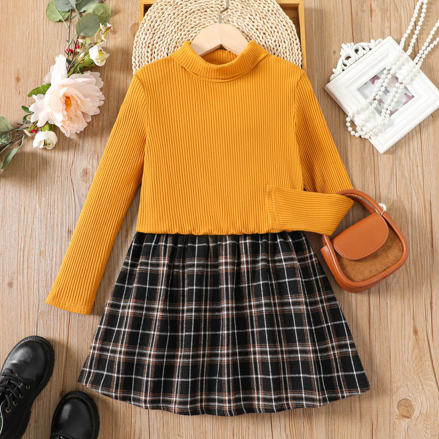 

2pcs Kid Girl Turtleneck Ribbed Cotton Tee and Plaid Skirt set