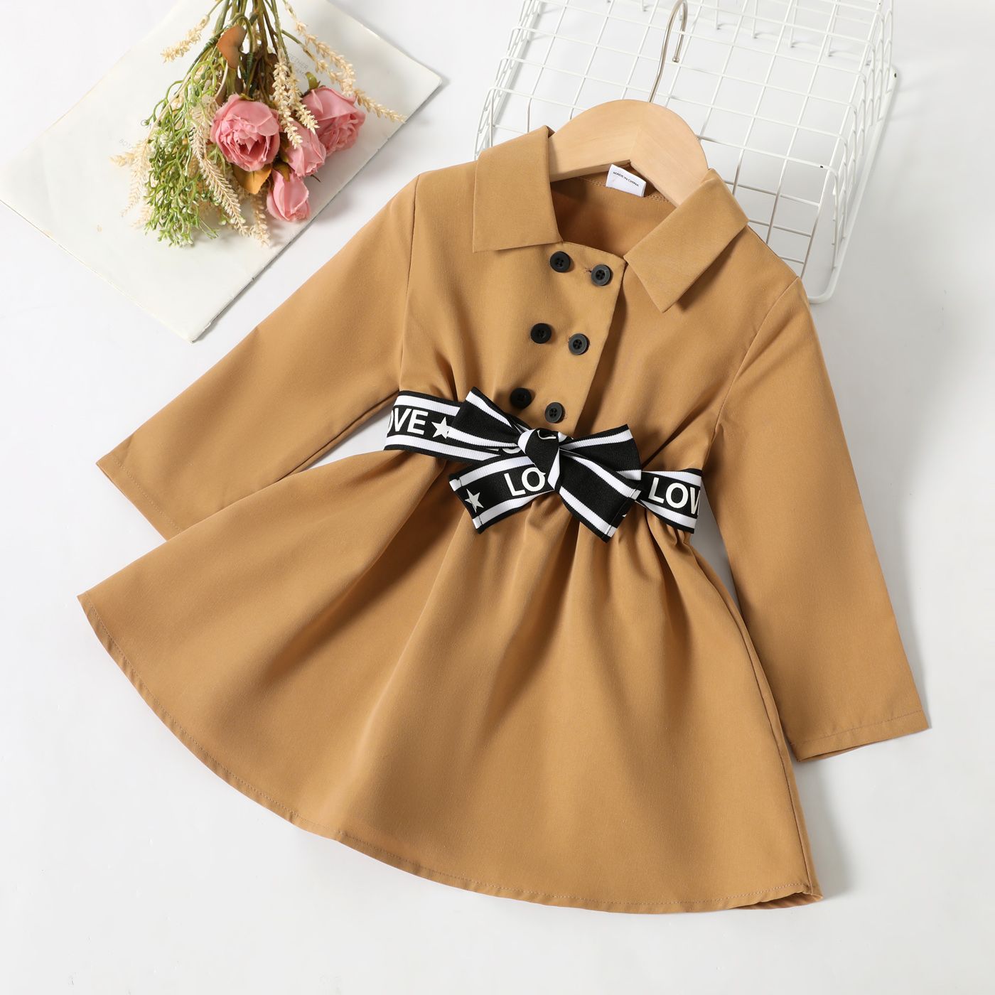 

Toddler Girl Lapel Collar Button Design Belted Long-sleeve Khaki Dress