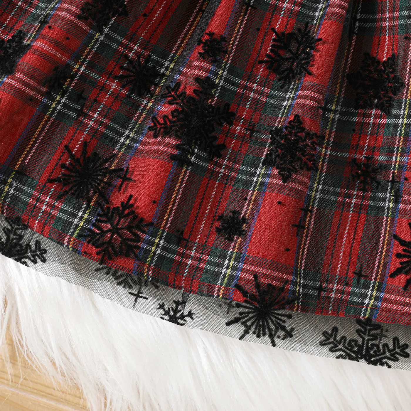 Christmas 2pcs Baby Girl Deer & Letter Print Black Long-sleeve Spliced Plaid Mesh Dress with Headband Set Black image 4