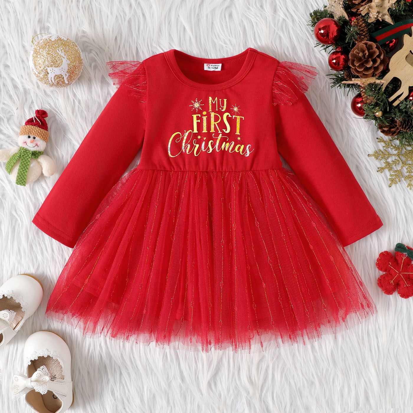 

Christmas Baby Girl Letter Print Red Long-sleeve Mesh Dress