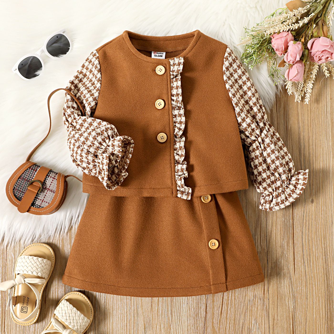 

2pcs Toddler Girl Tweed Plaid Splice Ruffled Long-sleeve Blend Blouse and Button Design Skirt set