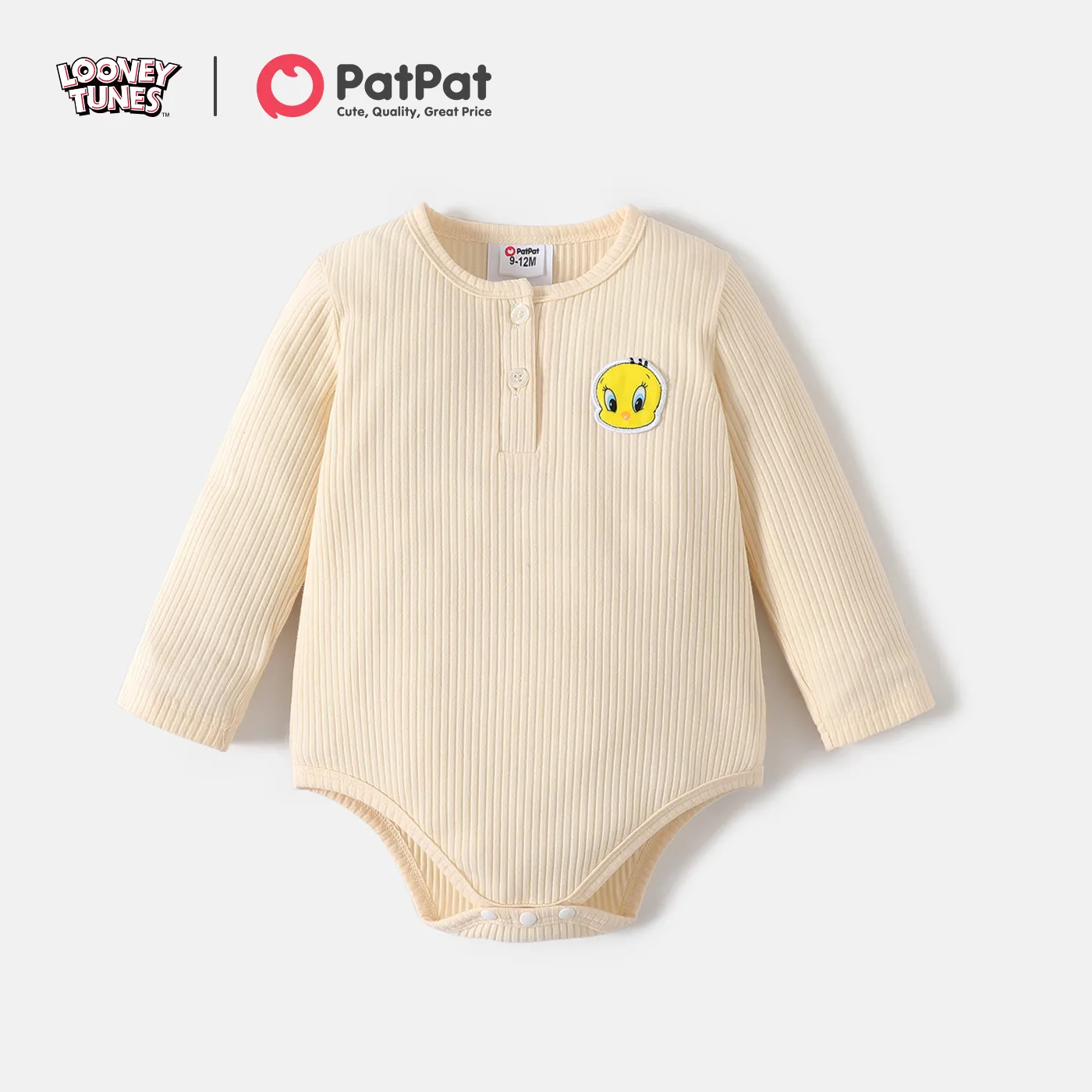 Looney Tunes Baby Girl 100% Cotton Rib Knit Long-sleeve Animal Embroidered Romper Beige