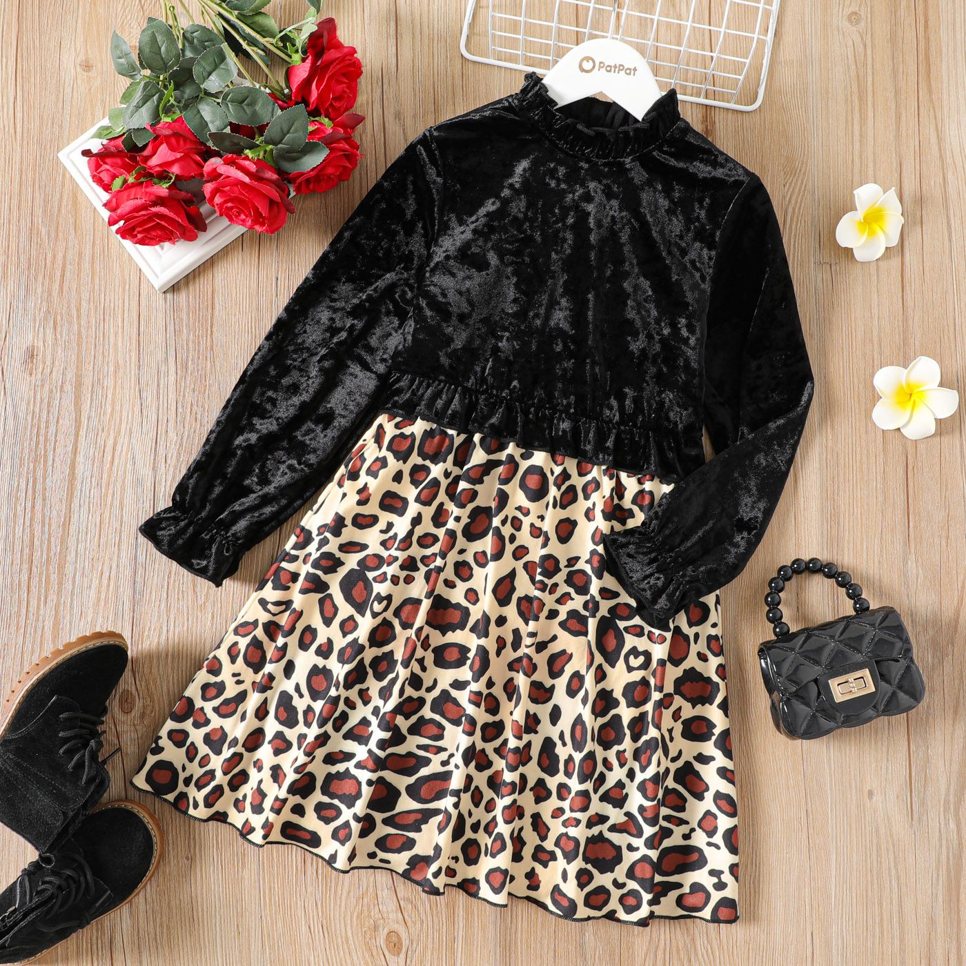 

Kid Girl Ruffle Collar Velvet Leopard Print Splice Long-sleeve Dress