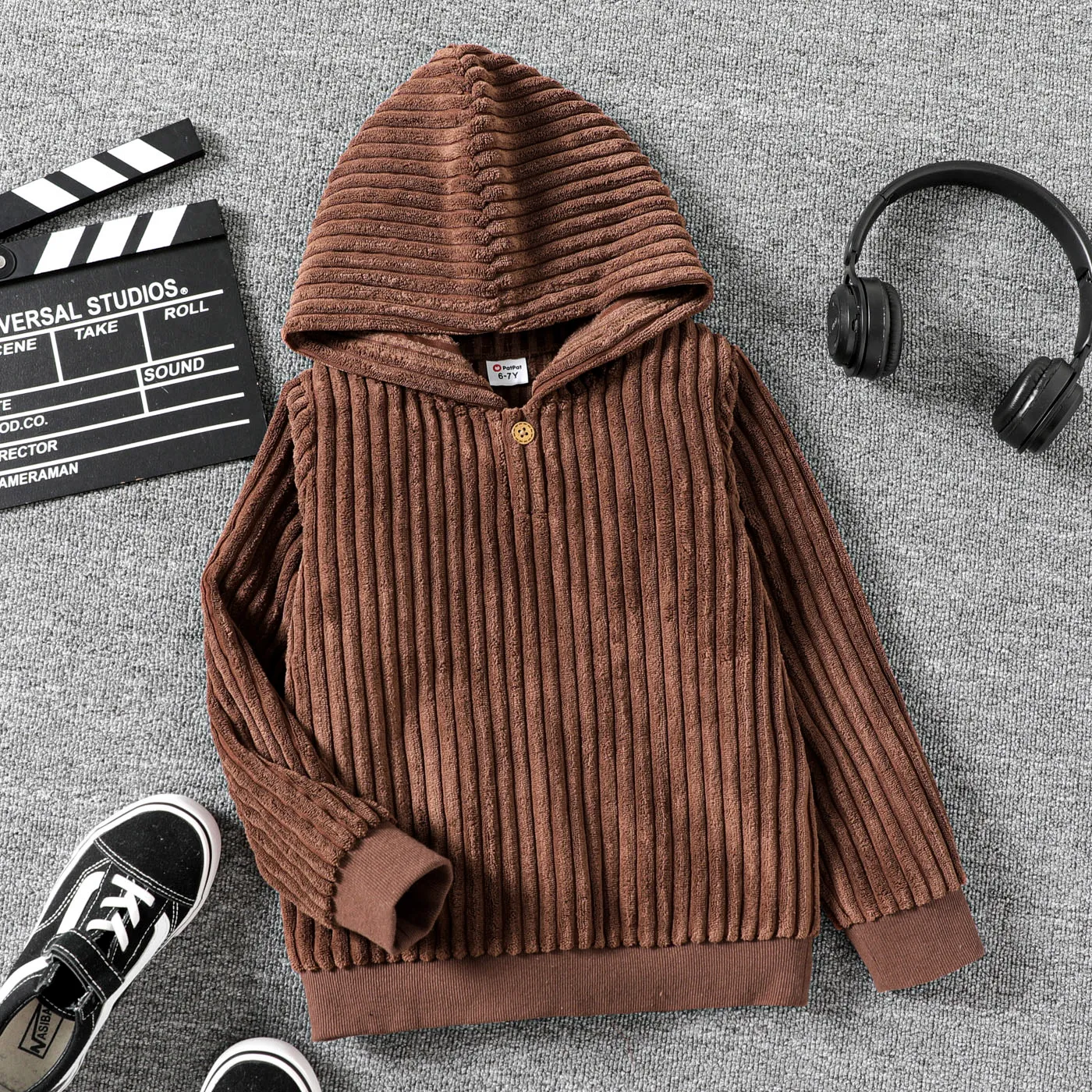 Kid Boy Casual Brown Corduroy Hoodie Sweatshirt