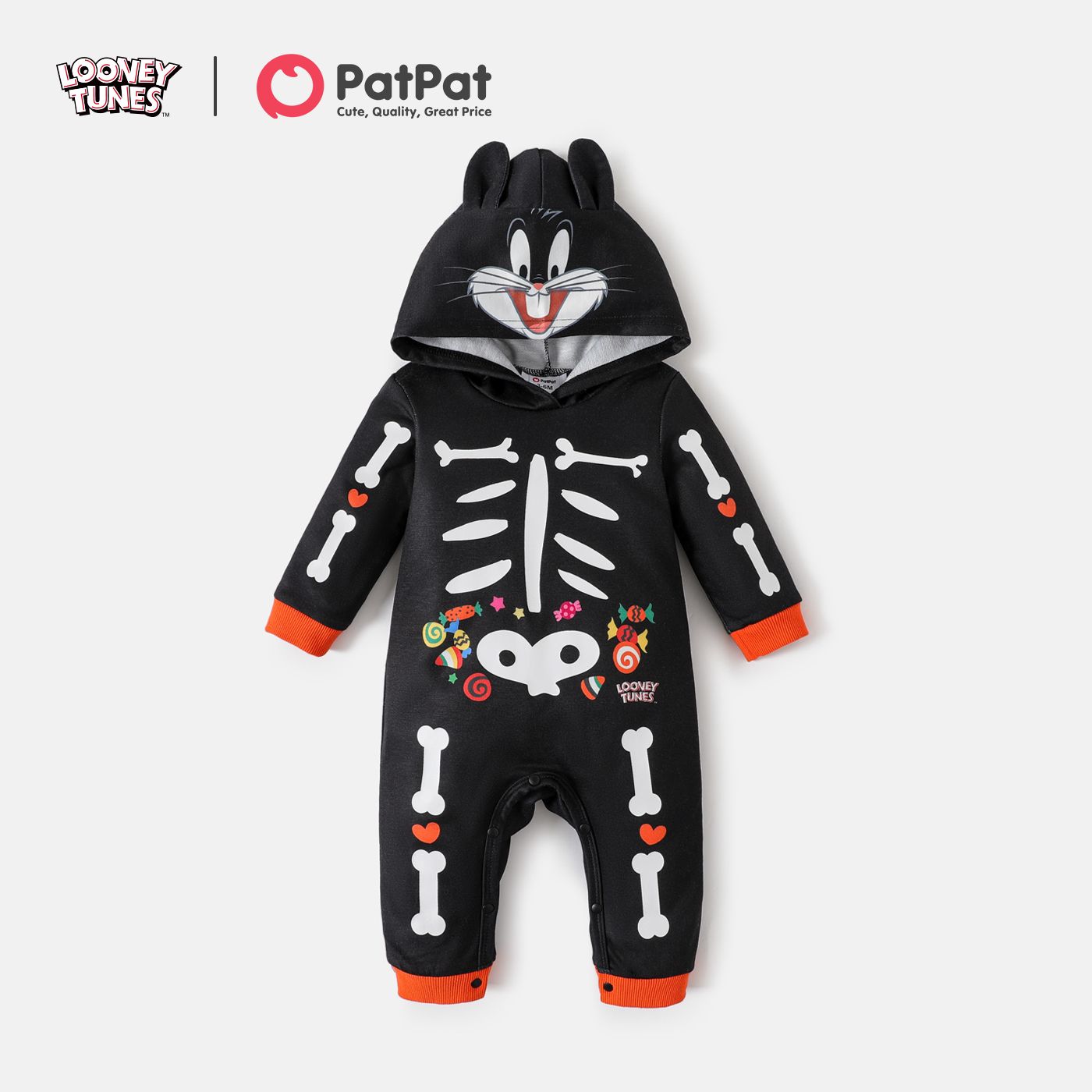 

Looney Tunes Baby Boy Halloween Skeleton Print Animal Ears Hooded Long-sleeve Jumpsuit