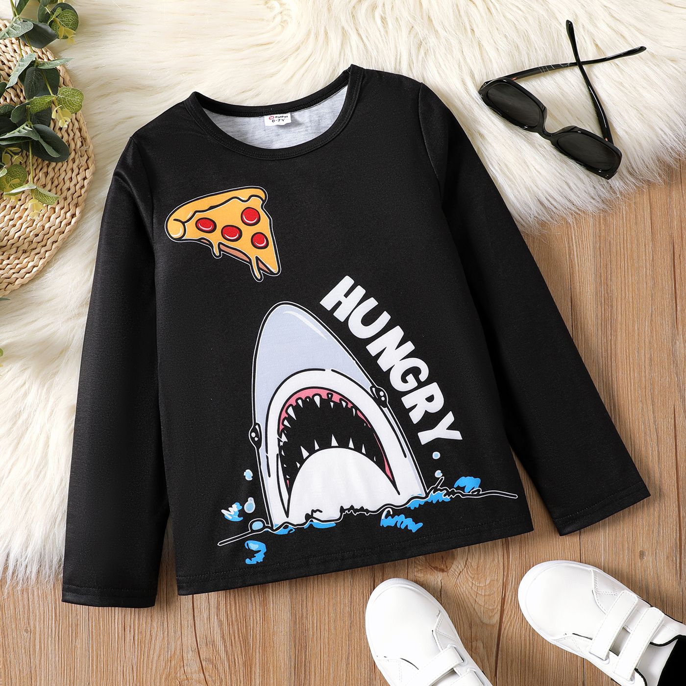 

Kid Boy Shark Print Long-sleeve Black Tee