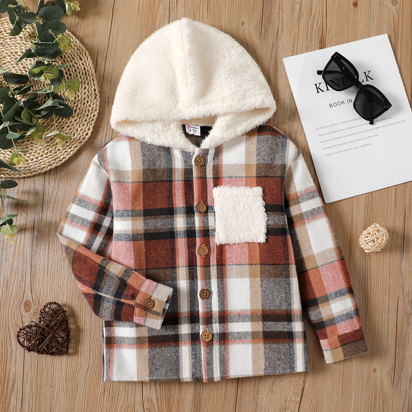 

Kid Boy Plaid Fleece Hooded Button Design Jacket