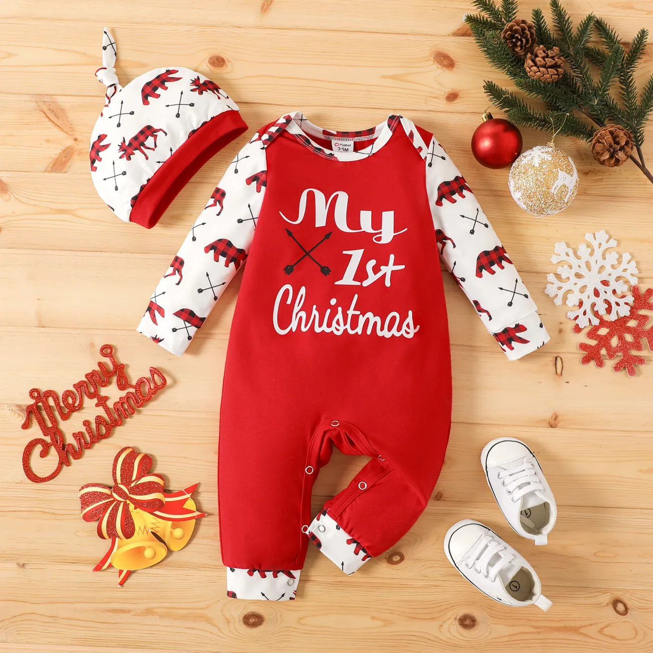 Christmas 2pcs Baby Boy Red Plaid Bear Print Long-sleeve Spliced Letter Graphic Jumpsuit with Hat Set Red big image 1
