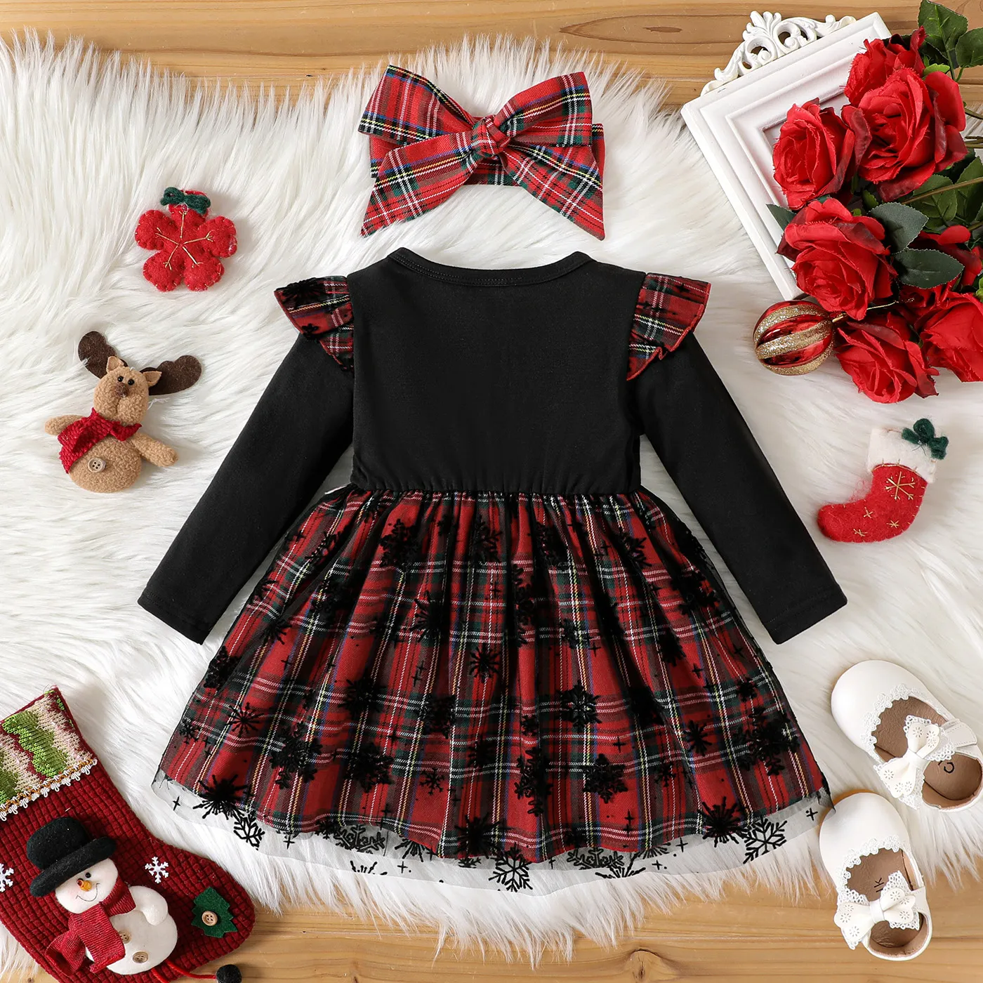 Christmas 2pcs Baby Girl Deer & Letter Print Black Long-sleeve Spliced Plaid Mesh Dress with Headband Set Black image 2