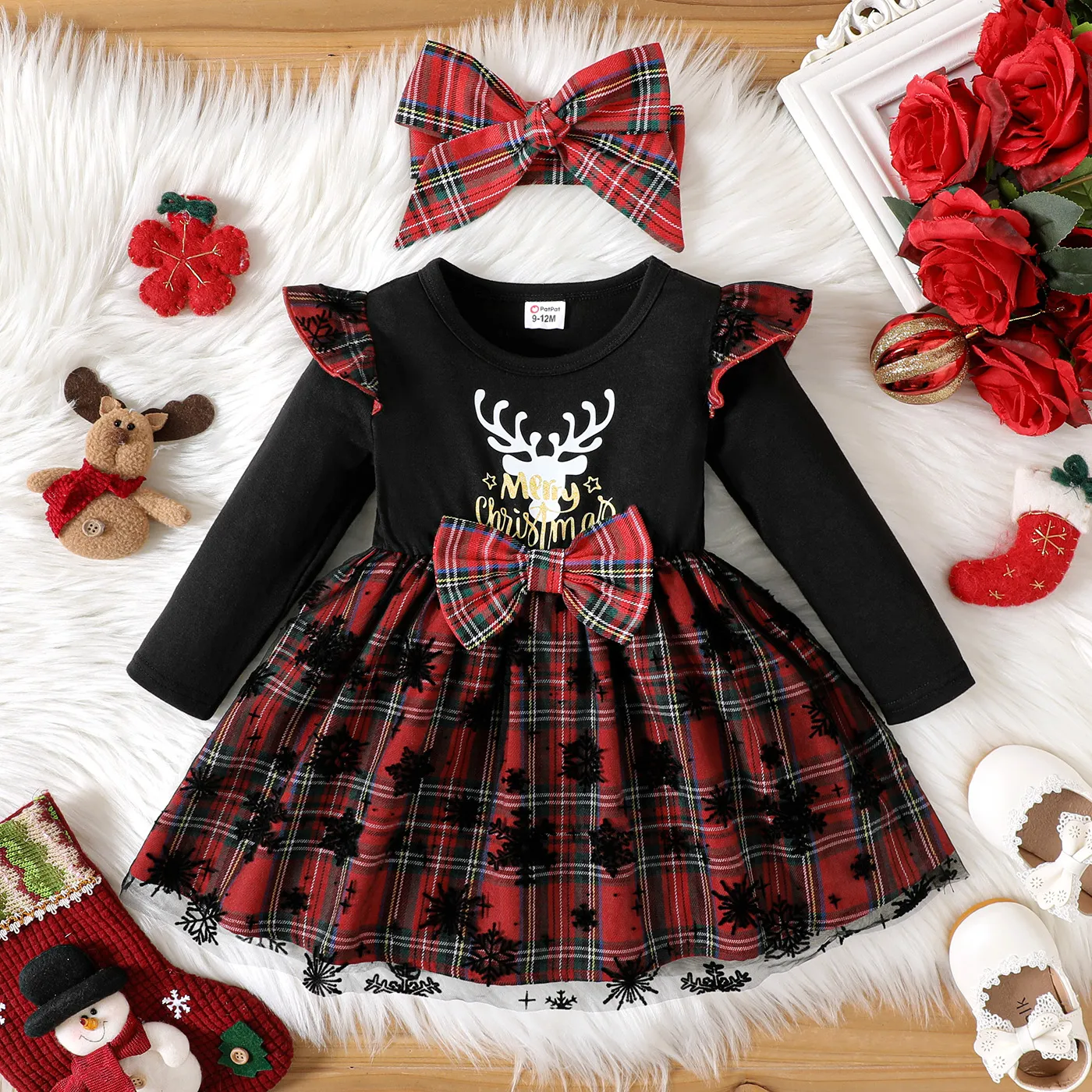 Christmas 2pcs Baby Girl Deer & Letter Print Black Long-sleeve Spliced Plaid Mesh Dress With Headband Set