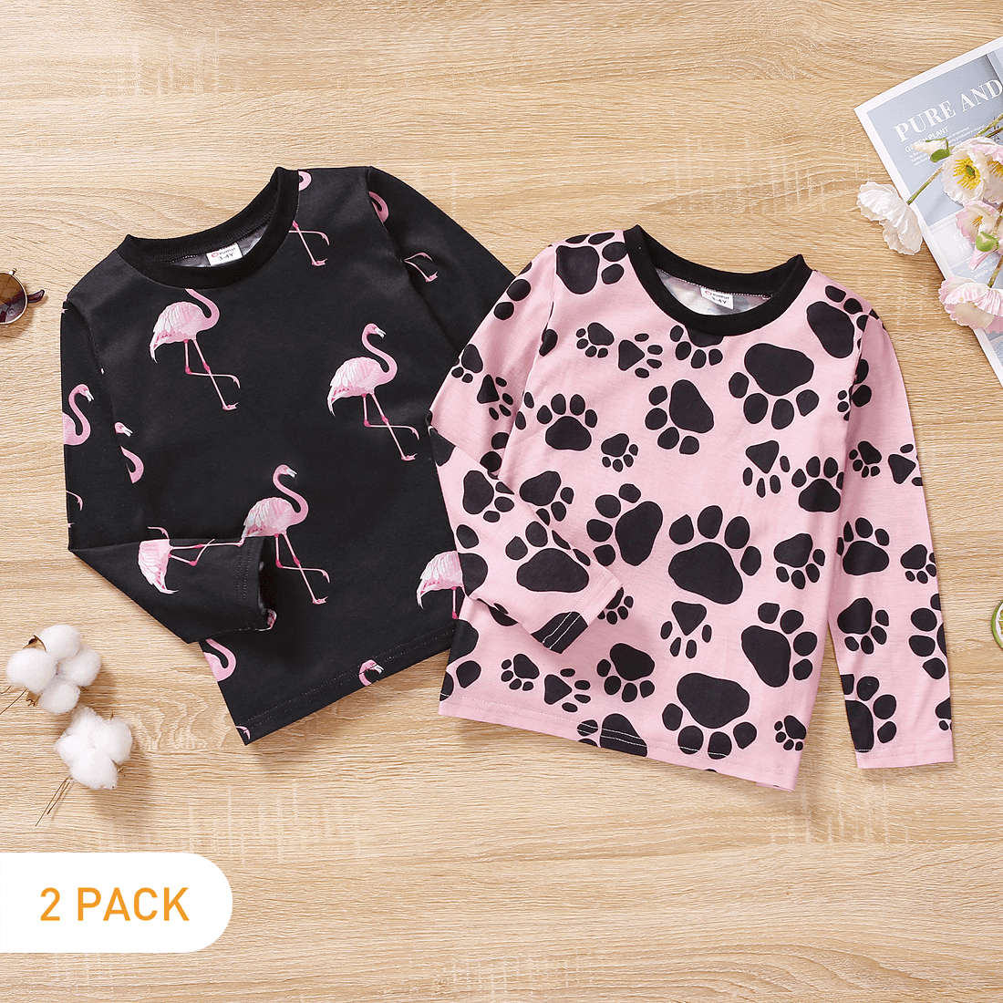 

2-Pack Toddler Girl Flamingo/ Dog Paw Print Long-sleeve Tee