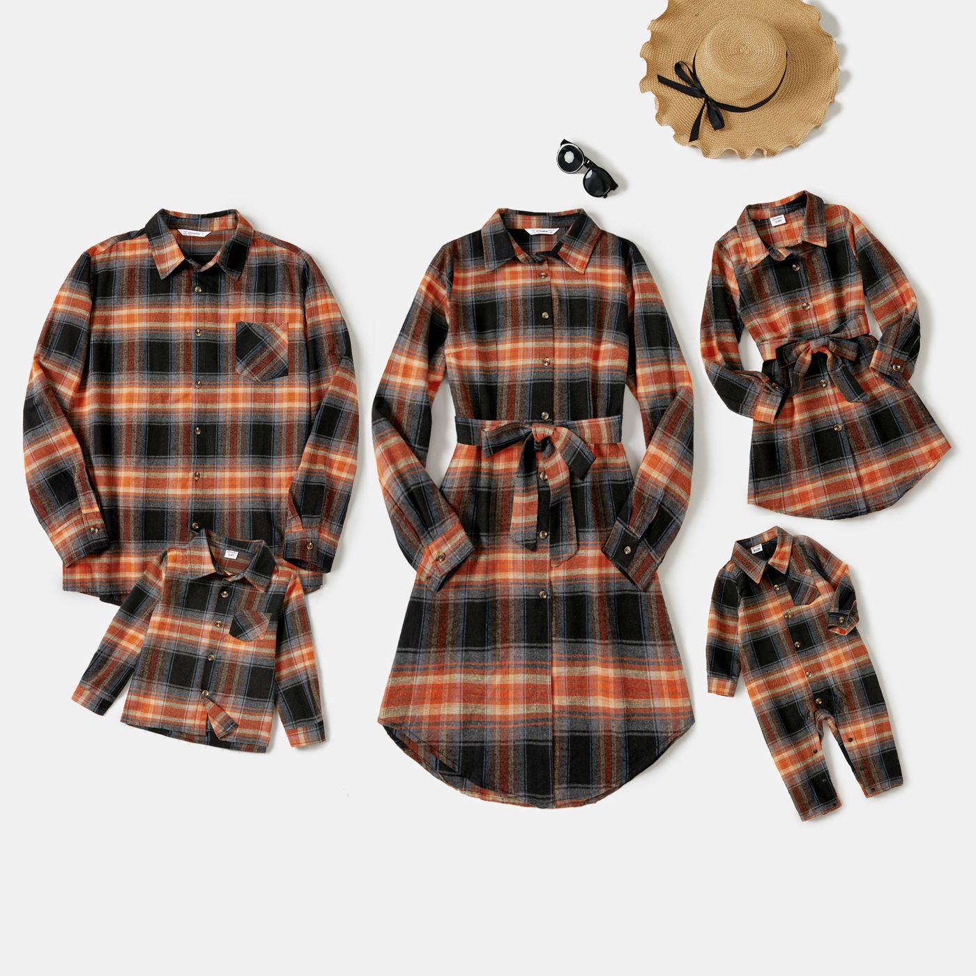 

Family Matching Brown Plaid Button Front Shirts and Long-sleeve Belted Dresses Sets