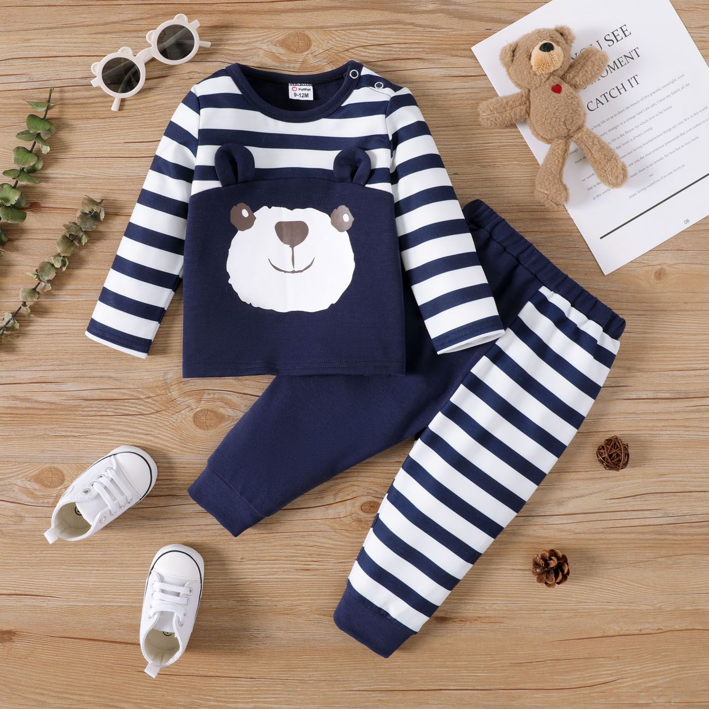 

2pcs Baby Boy Bear Graphic Dark Blue Striped Long-sleeve Set
