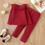2pcs Toddler Girl Solid Color Flounced Collar Cotton Long-sleeve Ribbed Tee and Pants Set WineRed