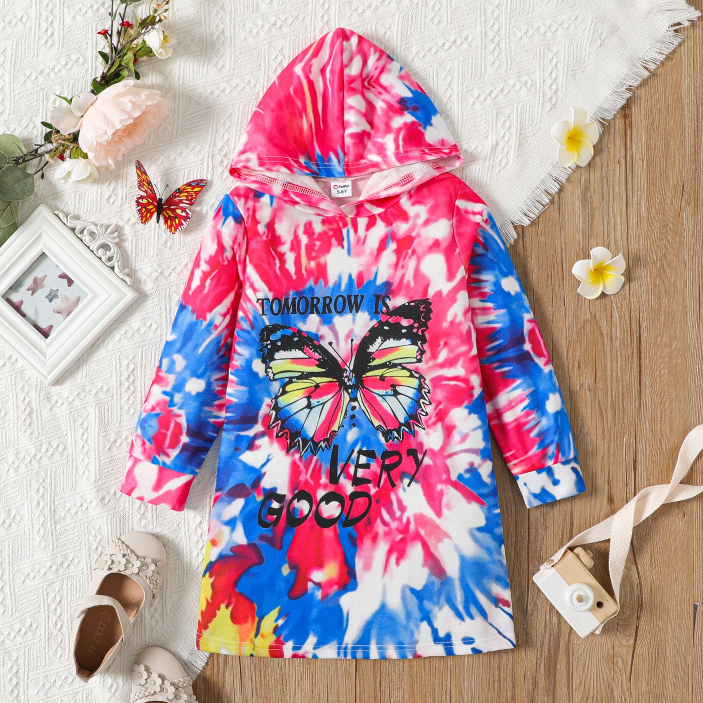 

Kid Girl Butterfly Print Tie Dyed Hooded Sweatshirt