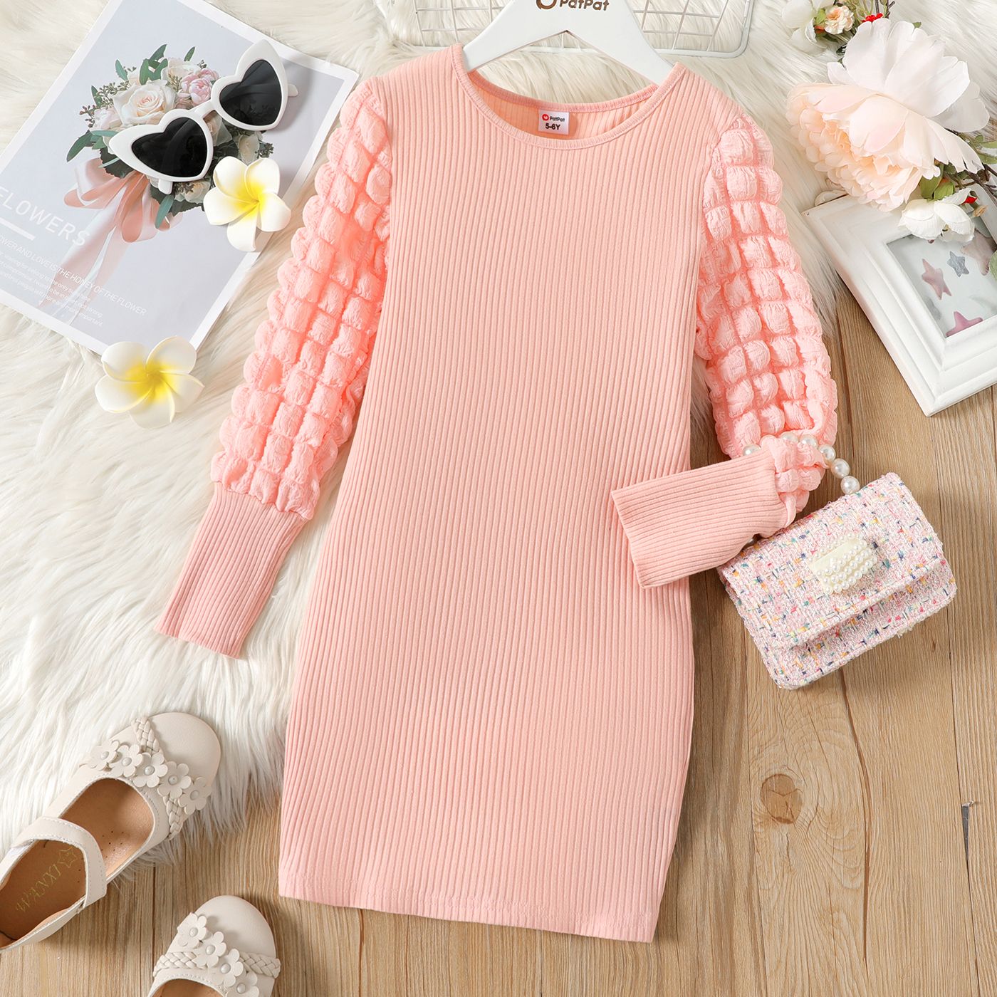Kid Girl Solid Color Textured Ribbed Long-sleeve Cotton Dress
