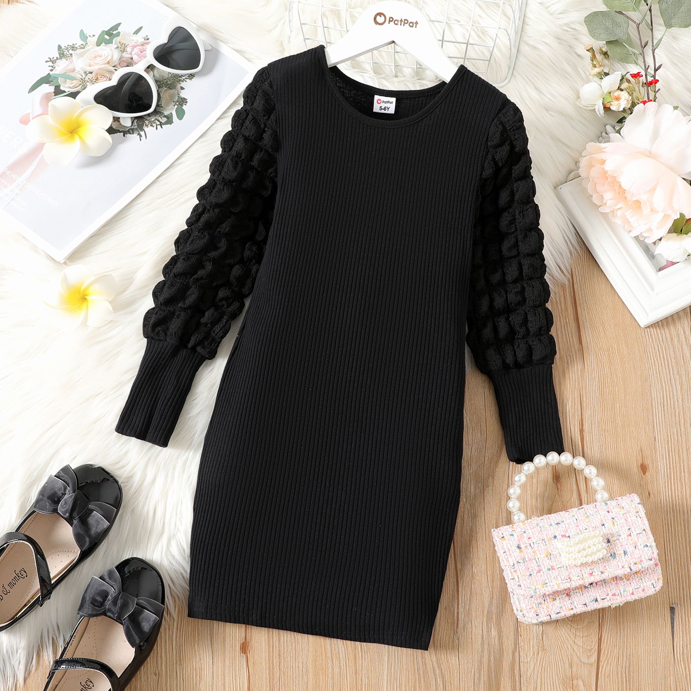 Kid Girl Solid Color Textured Ribbed Long-sleeve Cotton Dress