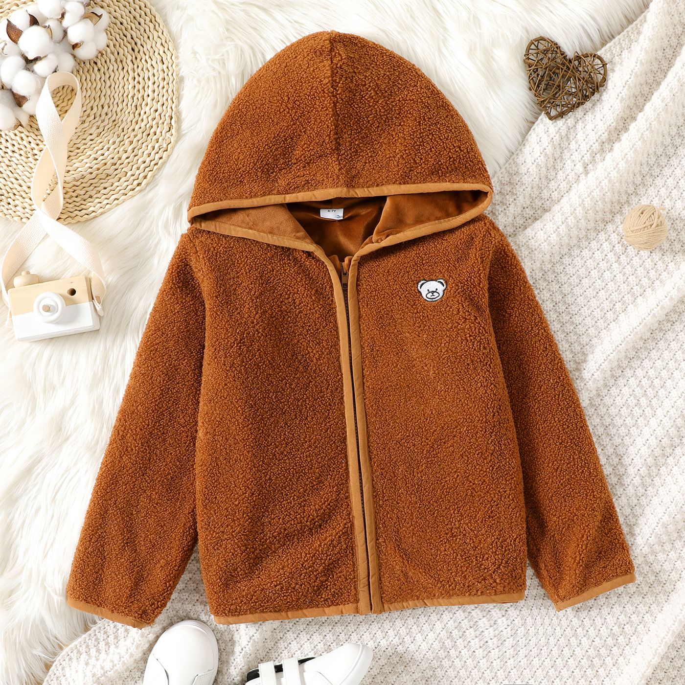 

Kid Girl Solid Color Ribbed Turtleneck Sweater/ Polar Fleece Hooded Coat/ Striped Thin Pants