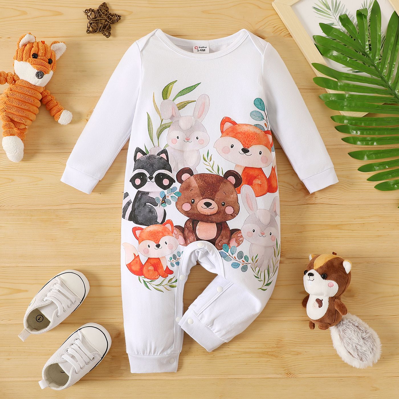 

Baby Boy/Girl 95% Cotton Long-sleeve Multi Animal Print White Jumpsuit