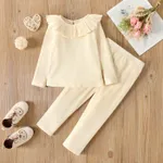 2pcs Toddler Girl Solid Color Flounced Collar Cotton Long-sleeve Ribbed Tee and Pants Set BlanchedAlmond
