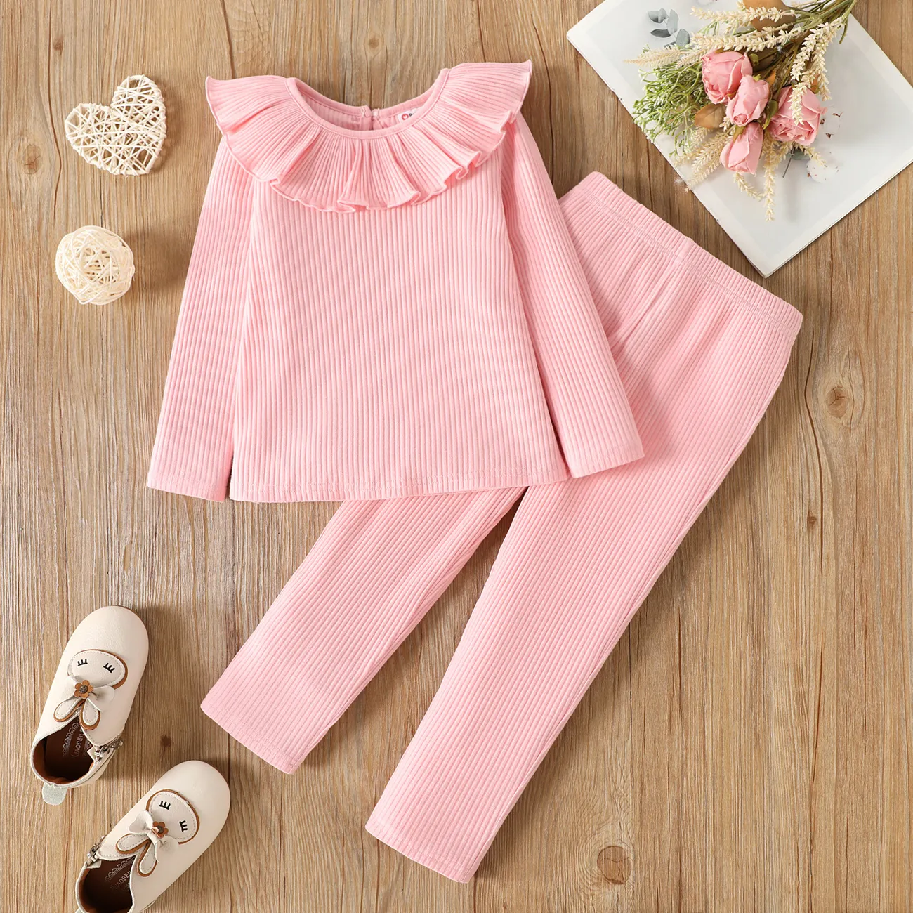 2pcs Toddler Girl Solid Color Flounced Collar Cotton Long-sleeve Ribbed Tee and Pants Set Pink big image 1