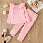 2pcs Toddler Girl Solid Color Flounced Collar Cotton Long-sleeve Ribbed Tee and Pants Set Pink