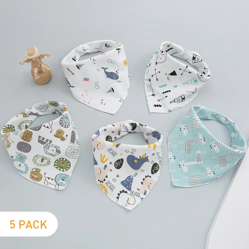 5-pack 100% Cotton Snap Button Baby Bibs Toddler Triangle Scarf Bibs for Feeding & Drooling & Teething  big image 7