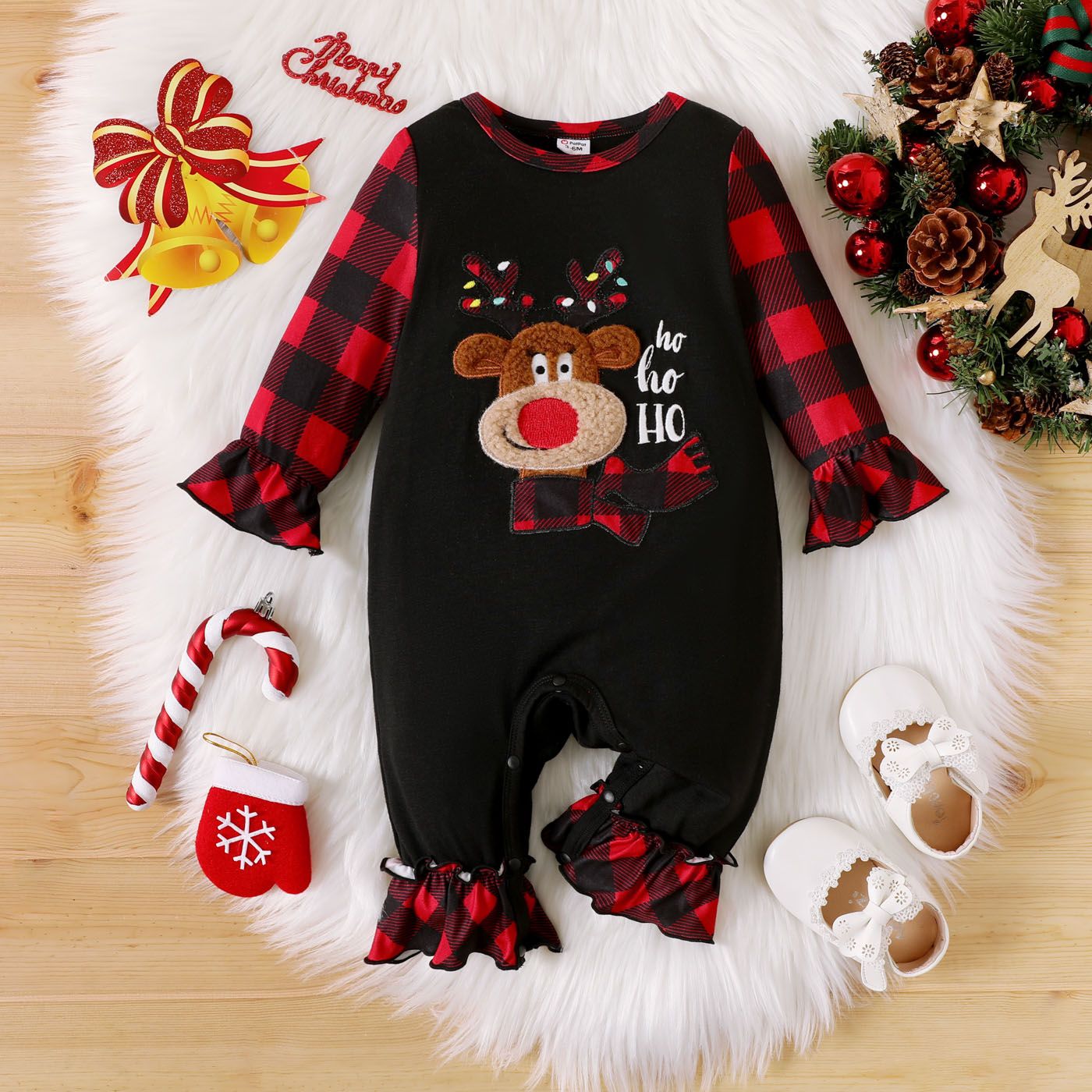 

Christmas Baby Girl Red Plaid Long-sleeve Reindeer Embroidered Ruffle Trim Jumpsuit