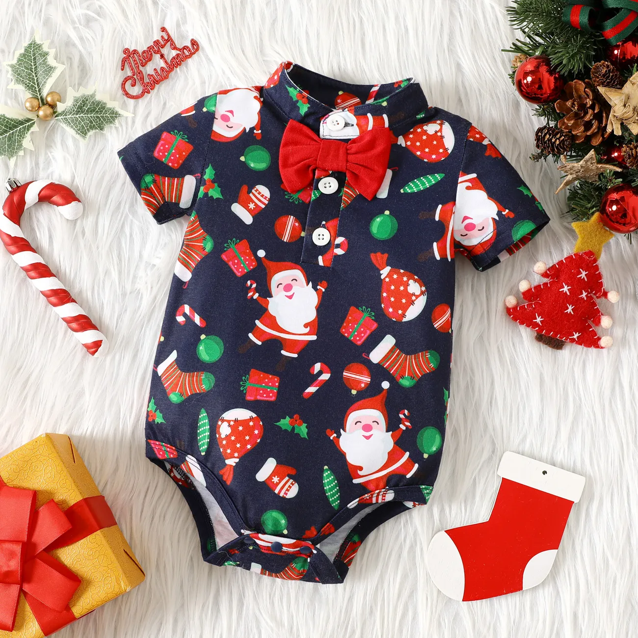 Christmas Baby Boy Allover Santa Print Short-sleeve Bow Tie Romper  big image 1