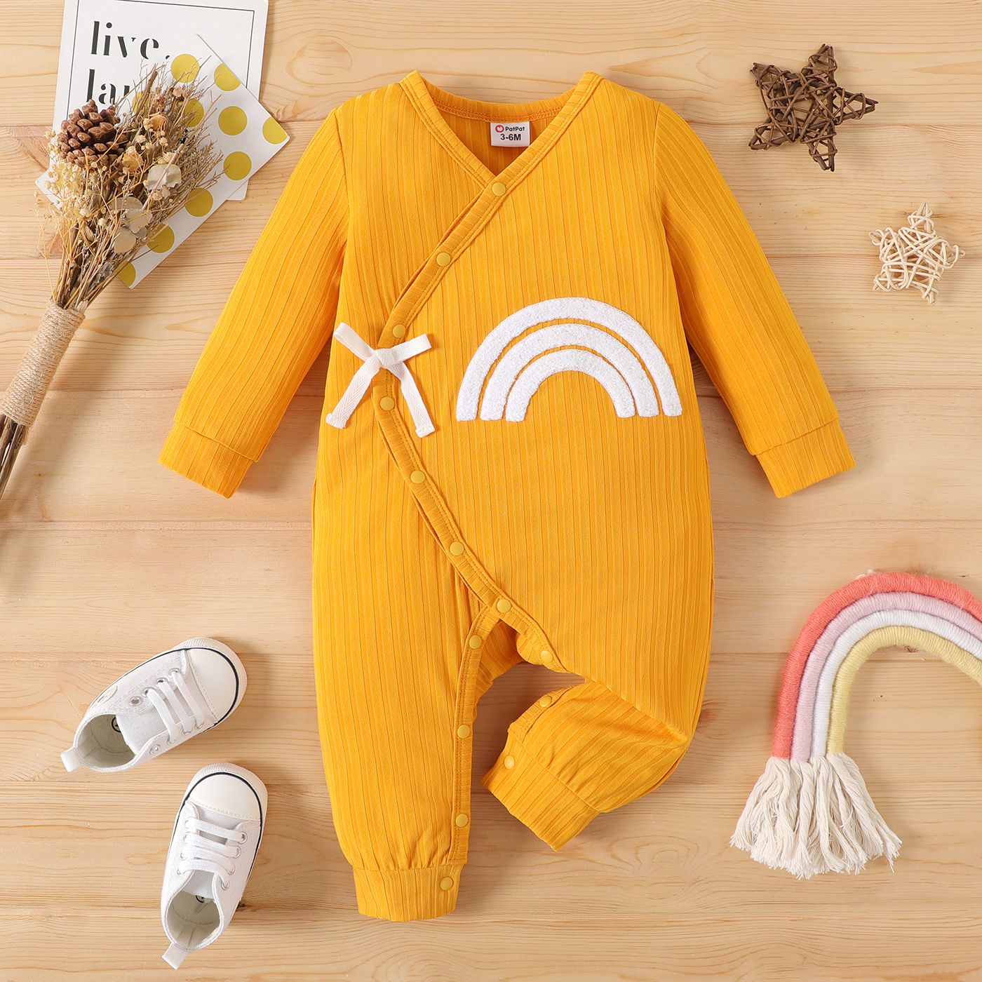 

Baby Boy/Girl Rainbow Embroidered Ribbed Long-sleeve Button Jumpsuit