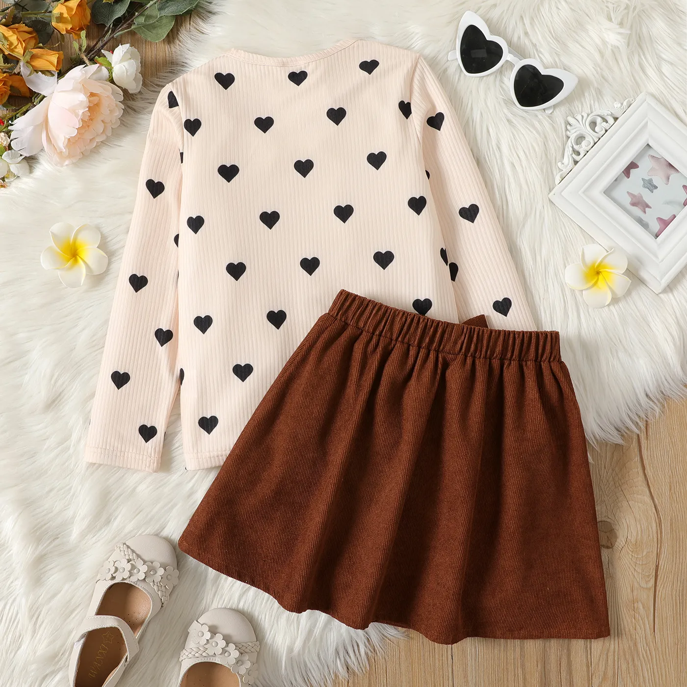 2pcs Kid Girl Heart Print Long-sleeve Tee and 3D Bowknot Design Skirt Set Almond Beige image 6