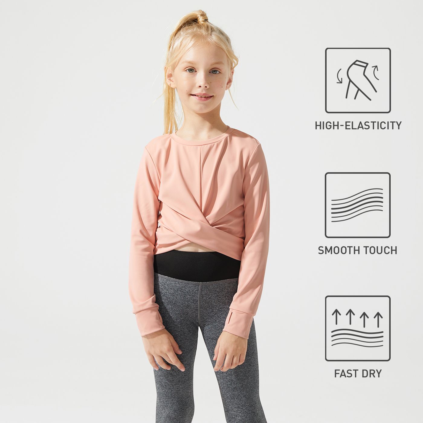

Activewear Kid Girl Solid Color Twist Front Long-sleeve Tee