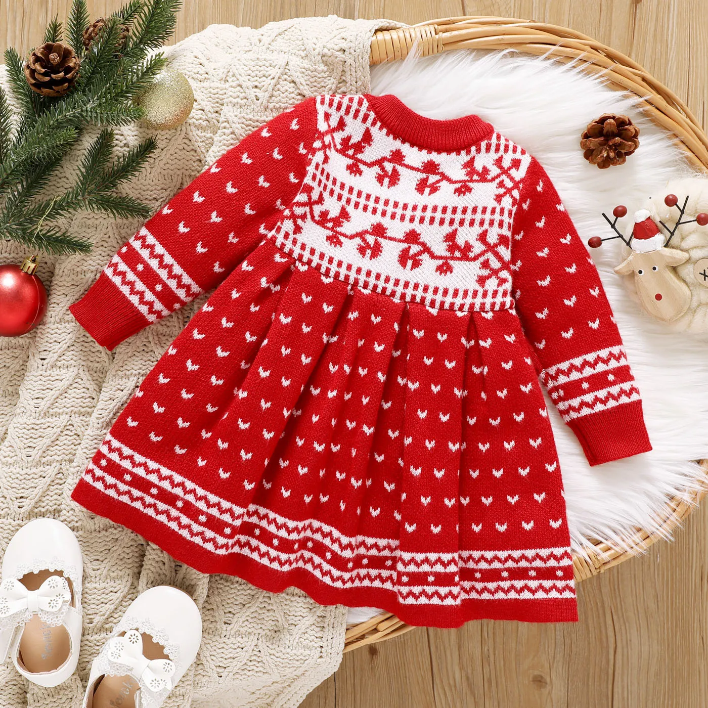 Baby Girl Allover Pattern Red Long-sleeve Button Knitted Sweater Dress Red image 2
