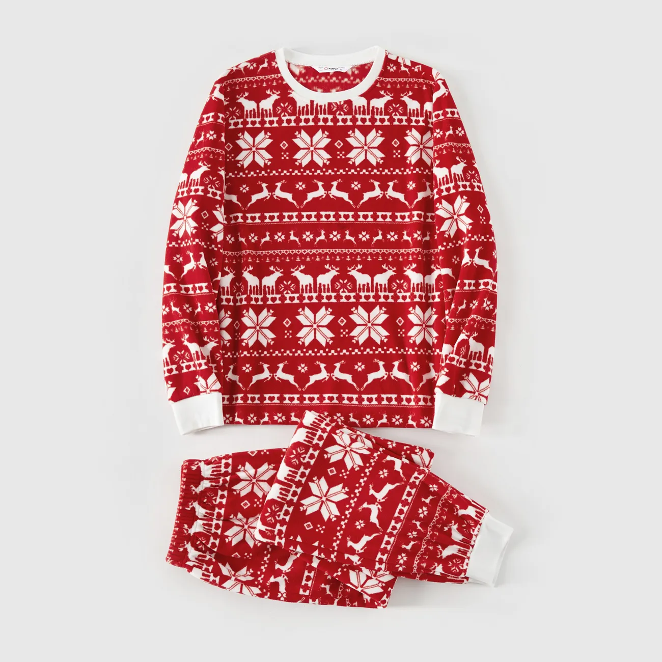 Christmas Family Matching Long-sleeve Allover Deer & Snowflake Print Red Thickened Polar Fleece Pajamas Sets (Flame Resistant) REDWHITE big image 1