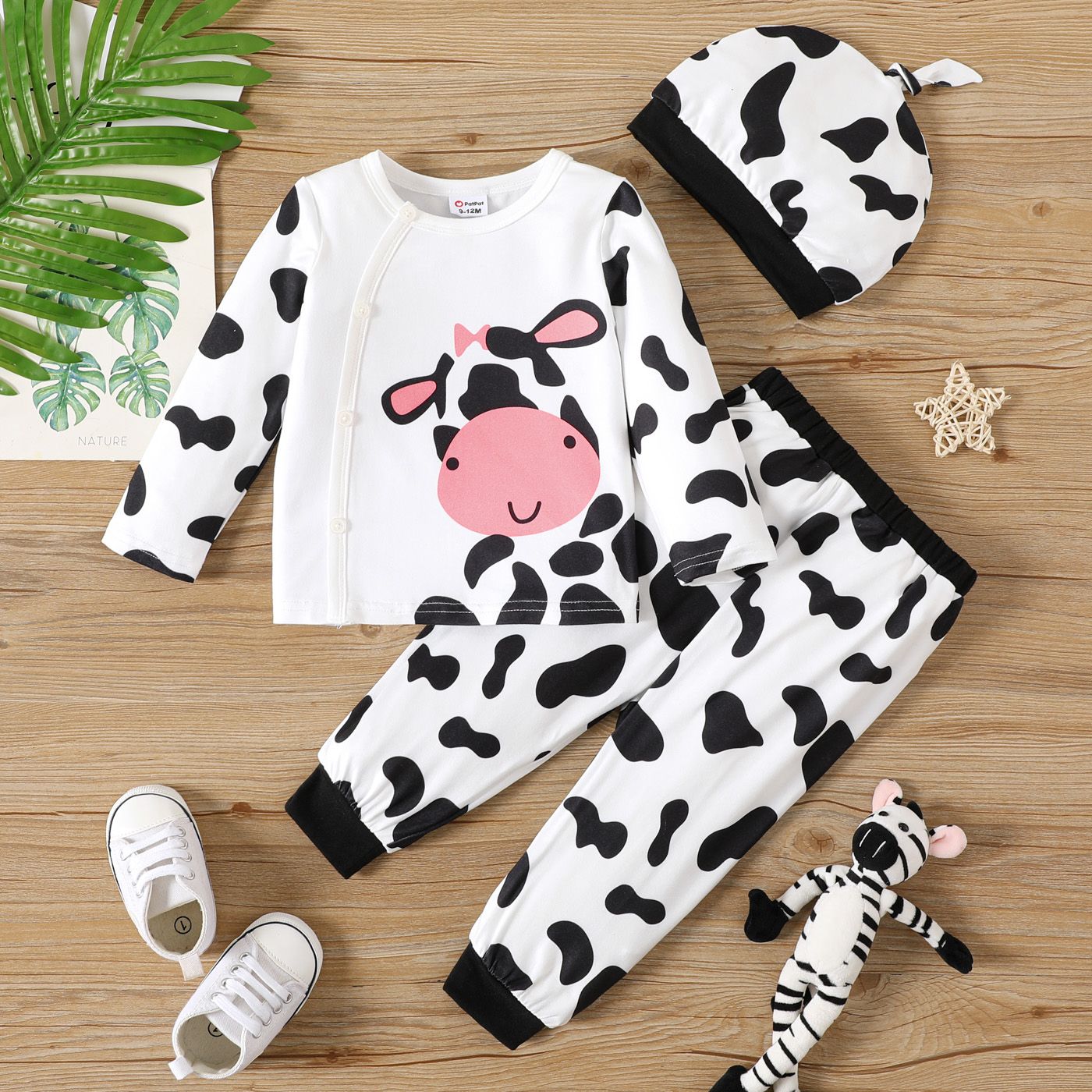 

3pcs Baby Boy Black & White Cow Print Long-sleeve Set