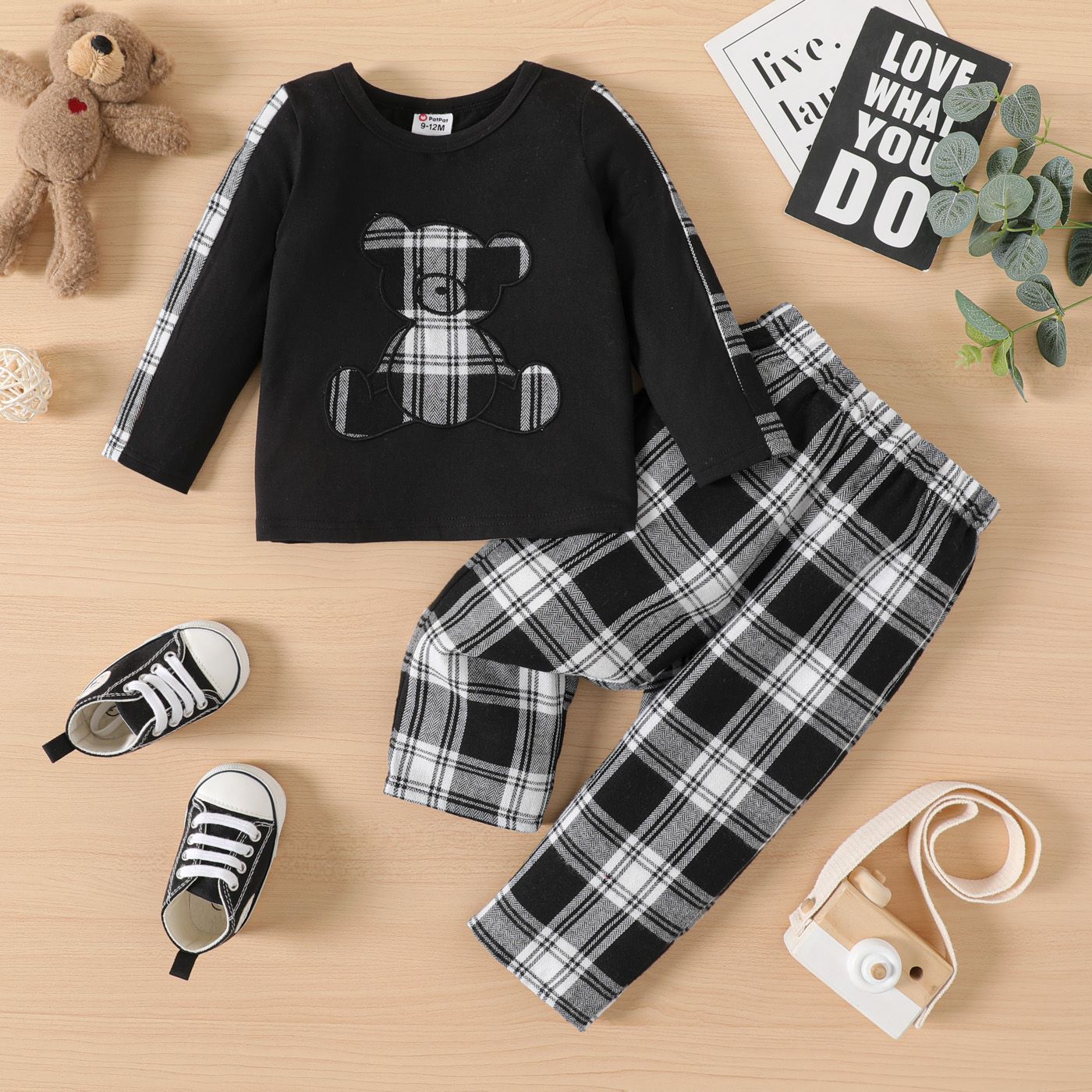 

2pcs Baby Boy/Girl Bear Embroidered Black Long-sleeve T-shirt and Plaid Pants Set